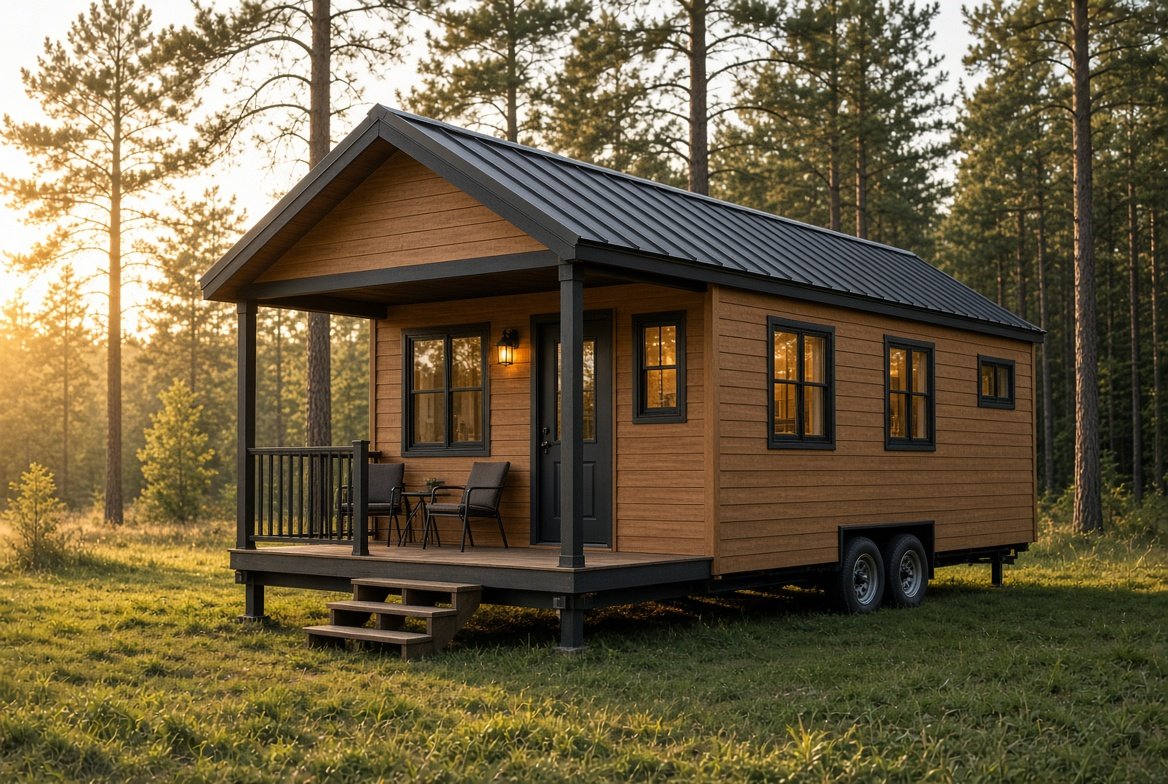Modern tiny house on wheels for sale sitting in a field with large windows