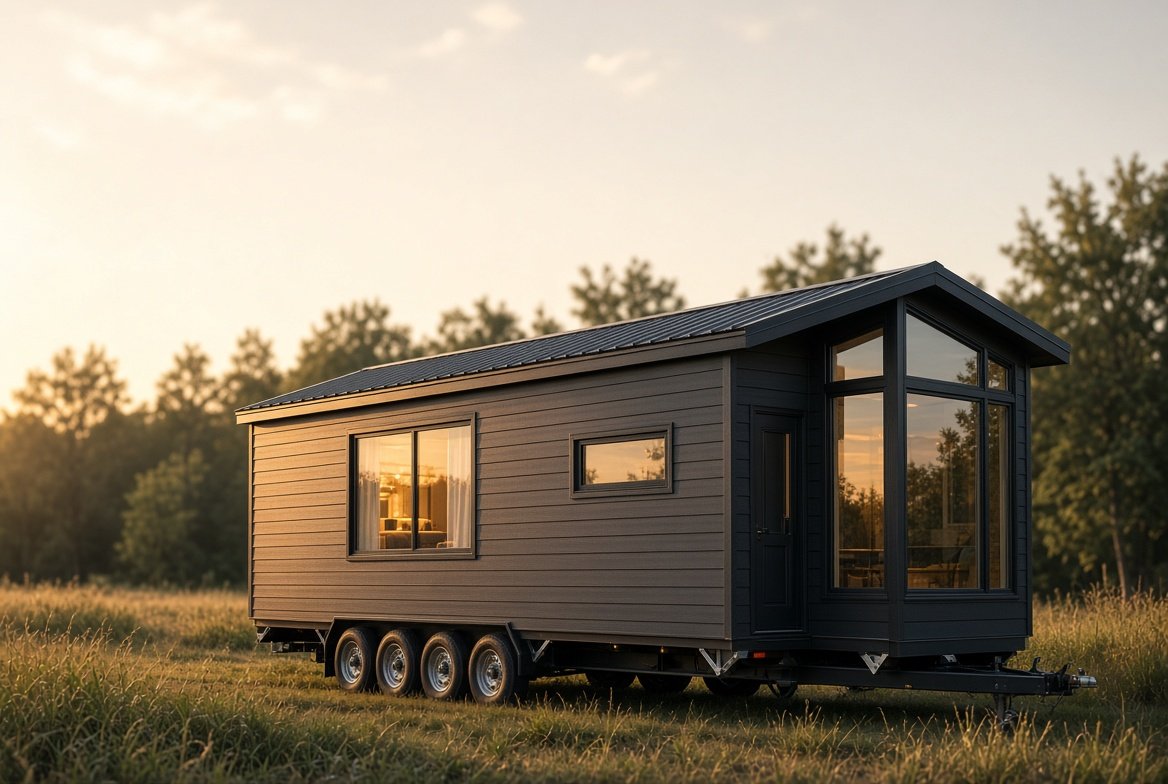 Modern black XL tiny house on wheels that sleeps 8, parked in a grassy field at golden hour with large windows and metal roof